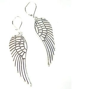 New Angel wing fishhook earrings in pewter silver engraved